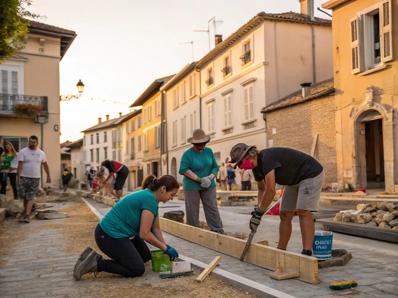 A group of international volunteers engaged in a community development project, building infrastructure and fostering intergenerational connections.