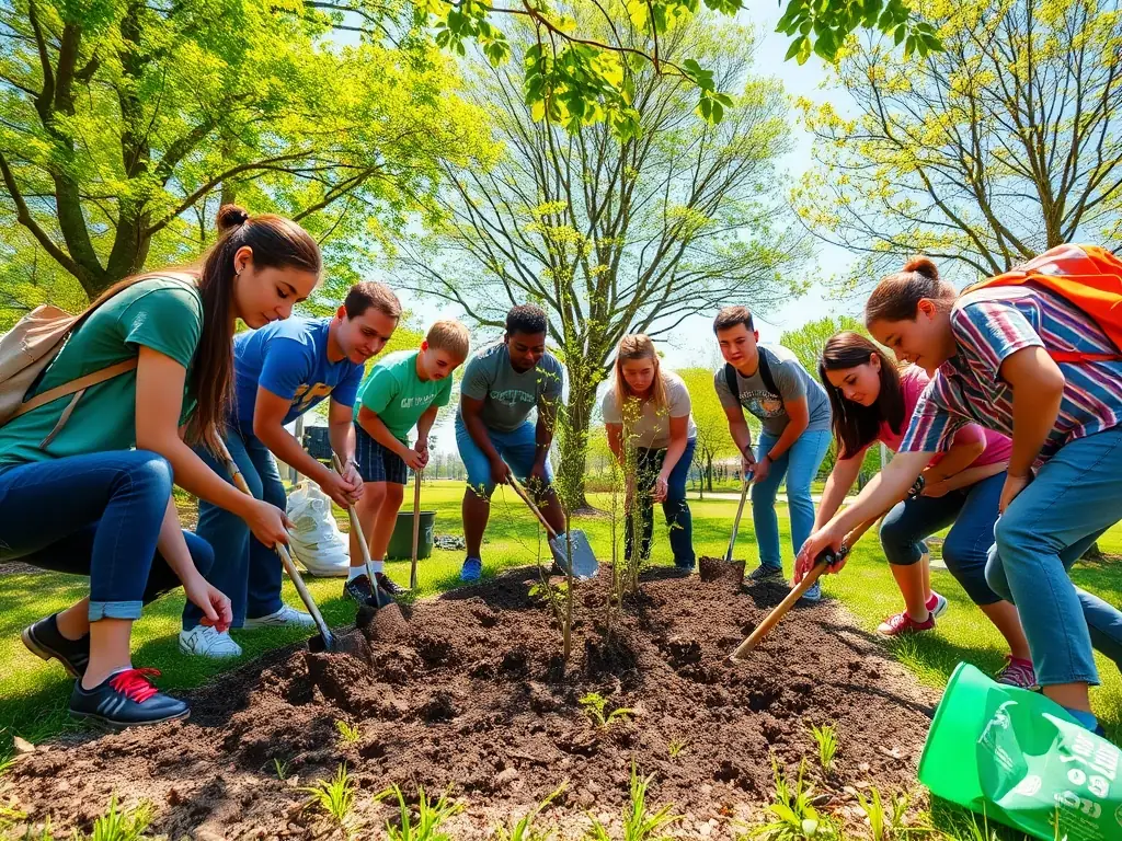 A group of young volunteers planting trees in a community garden, symbolizing environmental stewardship and community development.