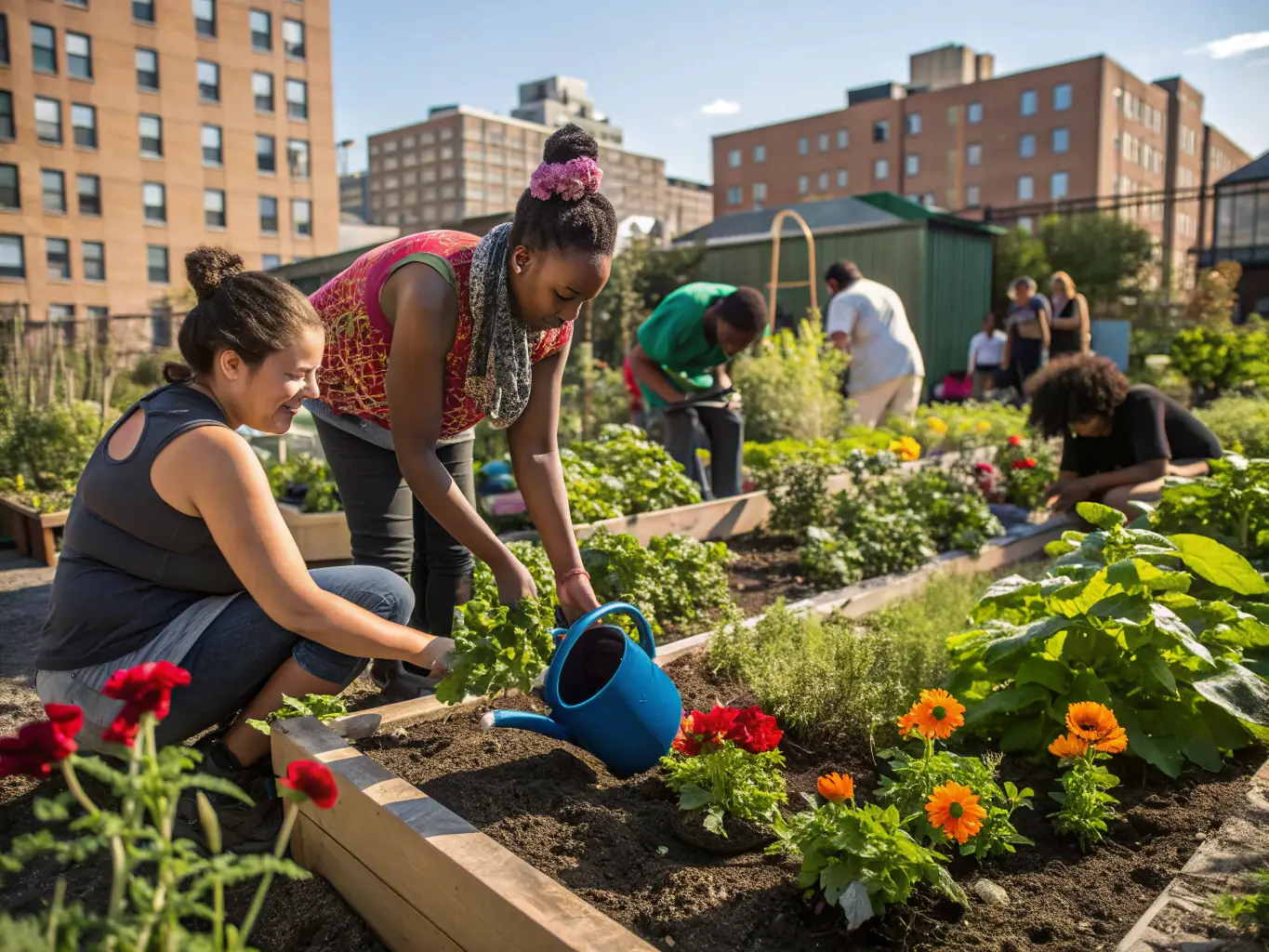 A group of international volunteers working together on a community garden project, showcasing collaboration and sustainable development.