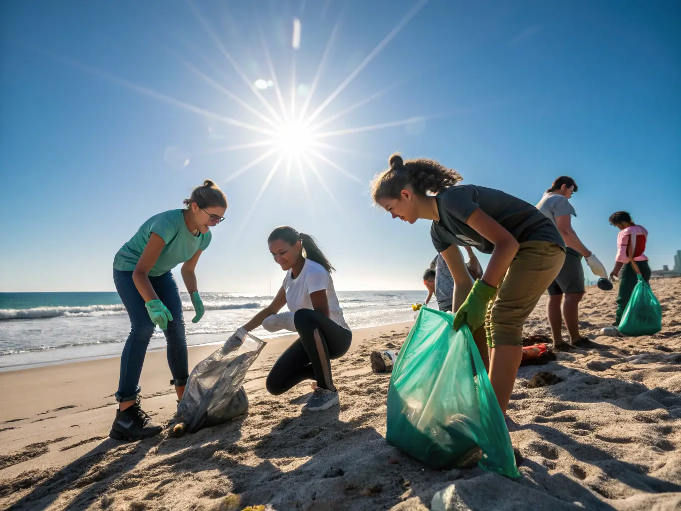 A group of young people cleaning up a local beach, demonstrating environmental stewardship and community involvement.